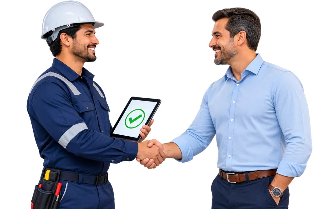 Técnico certificado VEXBIZ y cliente cerrando orden de trabajo con satisfacción